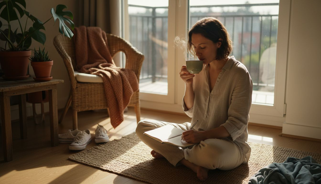 Woman journaling morning wellness routine in sunlit room