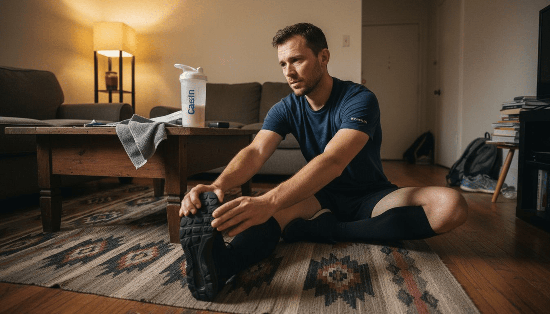 Athlete stretches with casein bottle at home