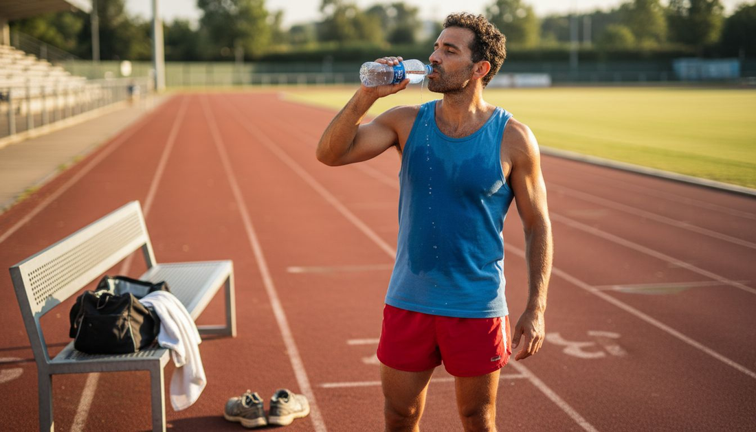 Runner drinking water on outdoor track