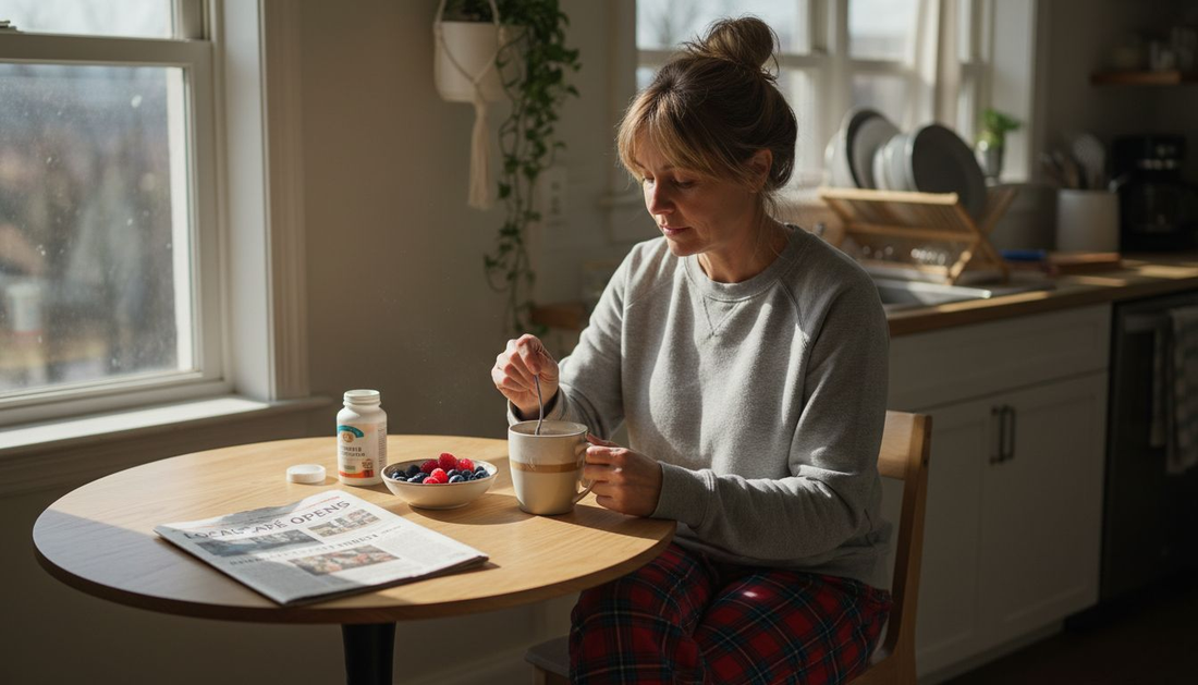 Woman mixing collagen into coffee at kitchen table