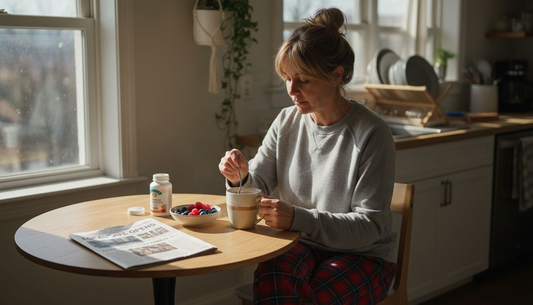 Woman mixing collagen into coffee at kitchen table