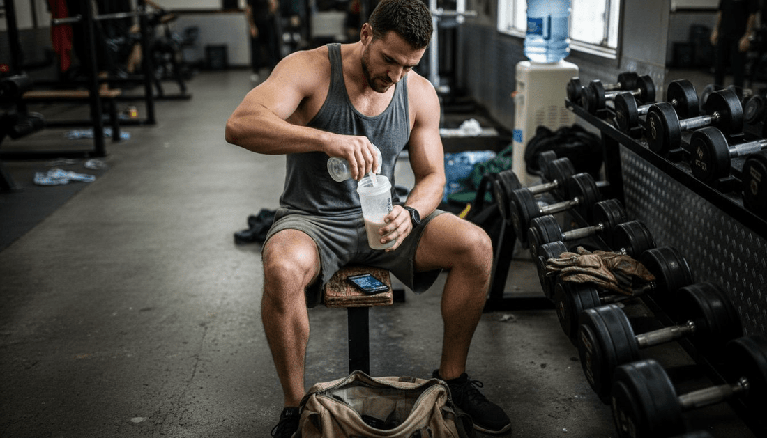 Athlete mixing pre workout drink in gym