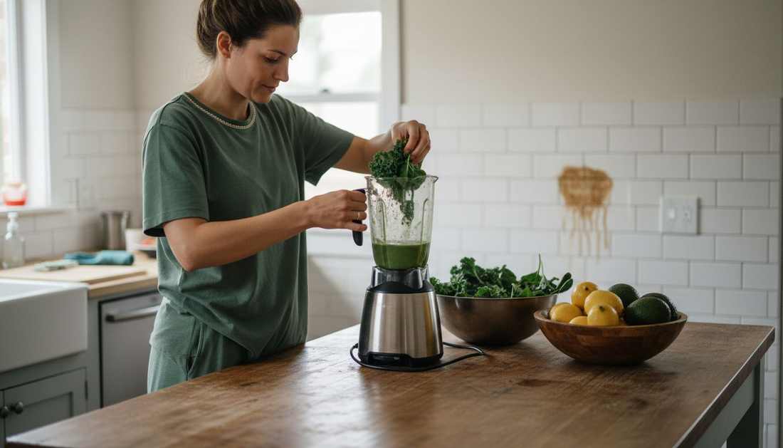 Woman making smoothie with green superfoods