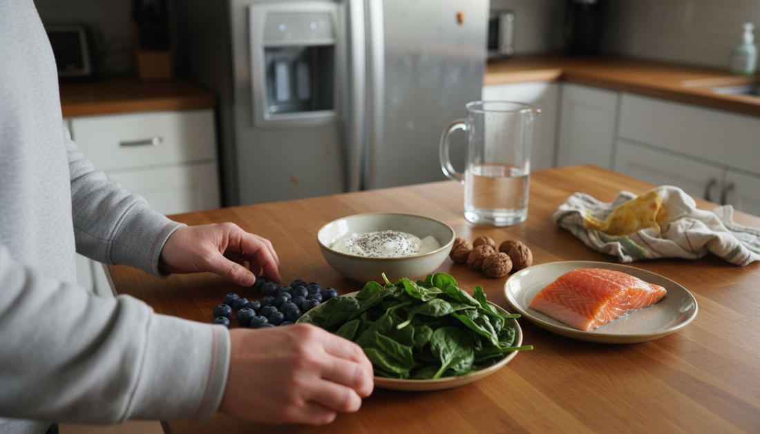 Person arranging fresh functional foods in kitchen