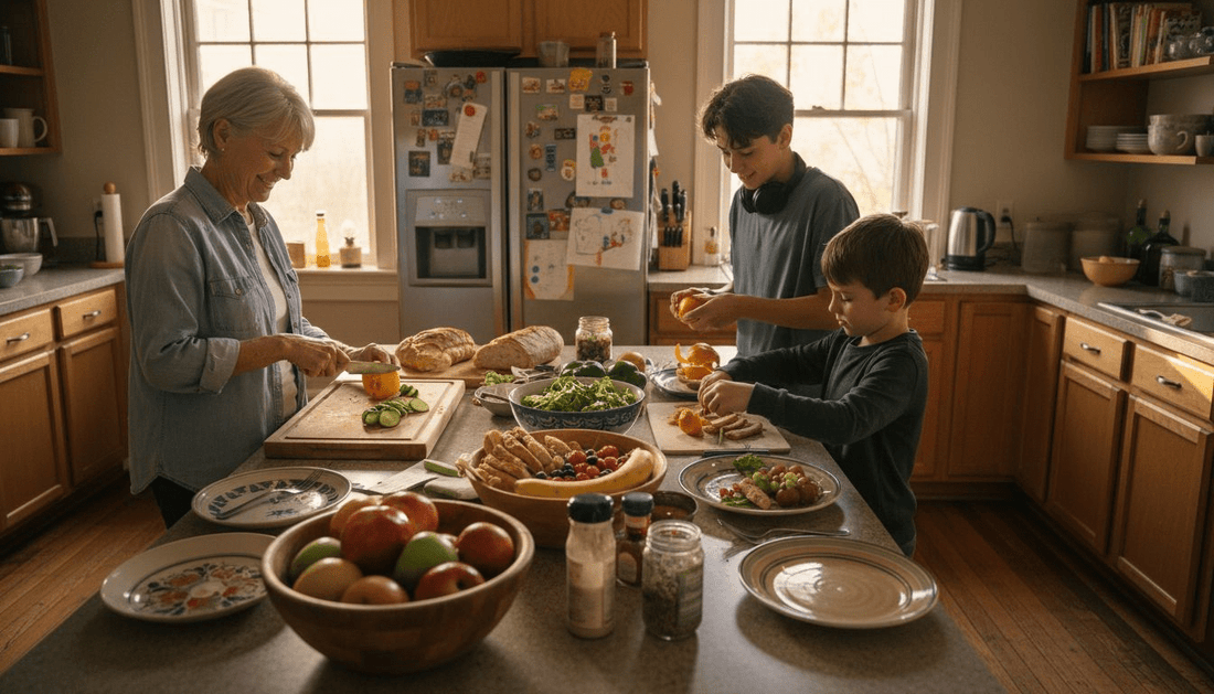 Family preparing balanced meal together
