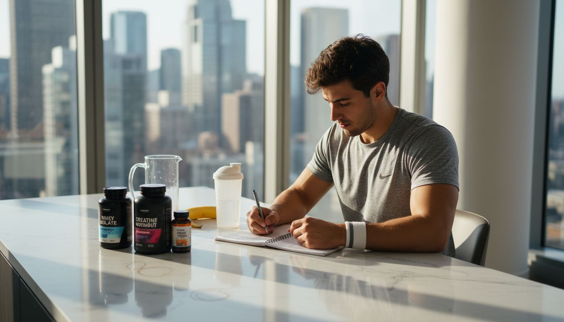 Athlete planning supplement routine in kitchen