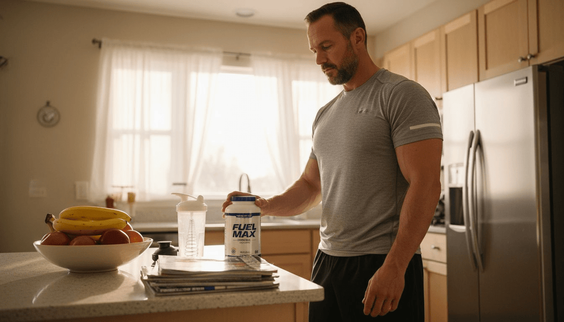 Man reading supplement label in sunny kitchen
