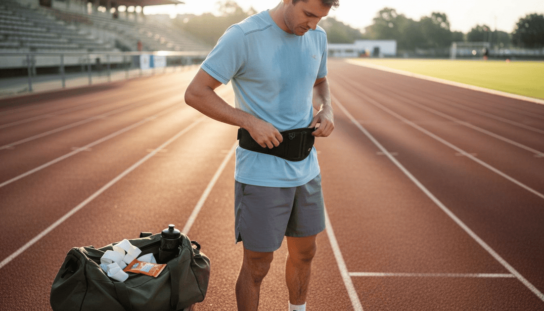 Runner preparing hydration on outdoor track