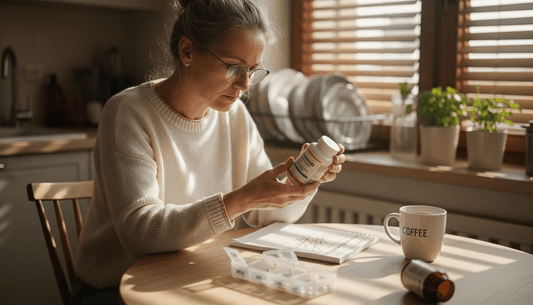 Woman reading supplement label in bright kitchen