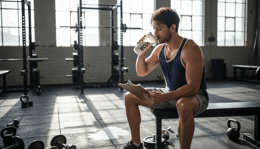 Athlete drinking BCAA after workout in gym