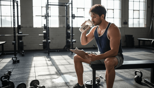 Athlete drinking BCAA after workout in gym