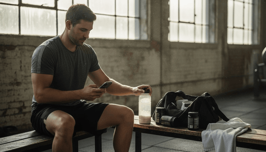 Athlete mixing supplements in gym after workout