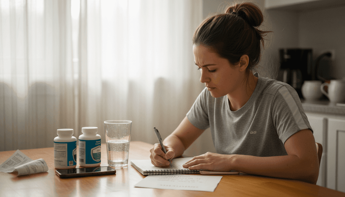 Woman writing supplement goals at kitchen table
