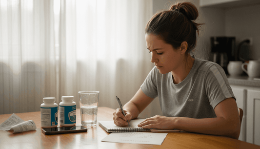 Woman writing supplement goals at kitchen table