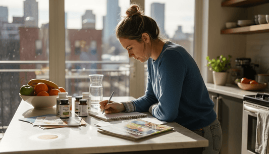 Nutritionist reviews supplements in sunlit kitchen