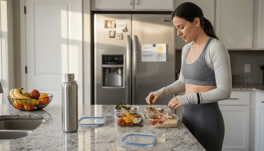 Athlete preparing balanced meals in kitchen