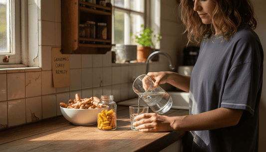 Turmeric extract bottle on kitchen counter