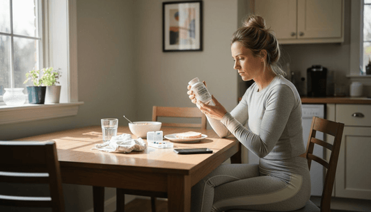 Young woman reading supplement label at table
