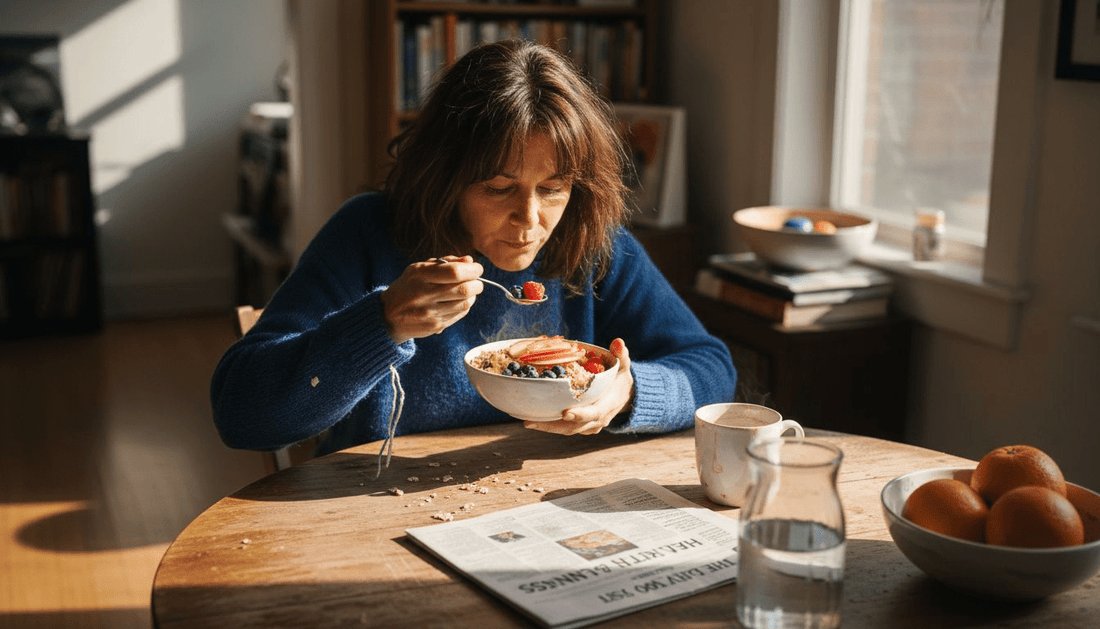 Woman eating fiber-rich breakfast at table
