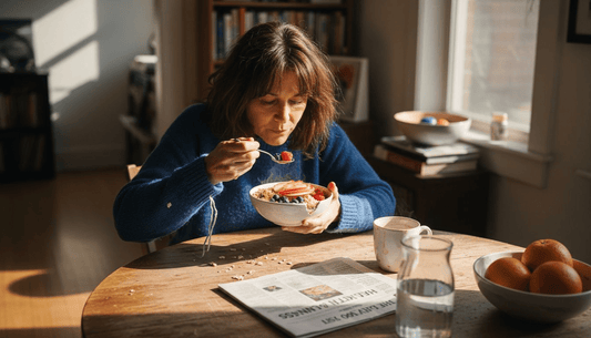 Woman eating fiber-rich breakfast at table