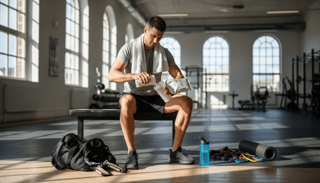 Athlete mixing supplement in sunny gym post-workout