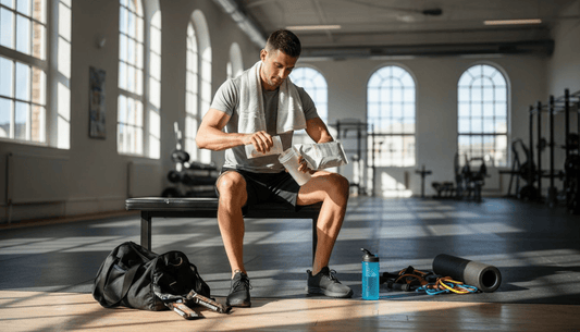 Athlete mixing supplement in sunny gym post-workout