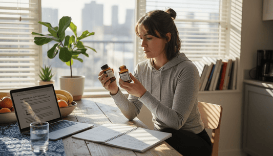 Woman reading adaptogen supplement labels kitchen