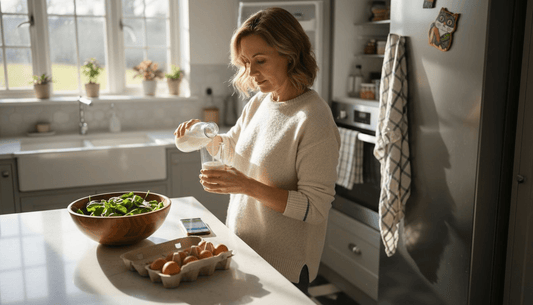 Woman pouring milk in cluttered morning kitchen