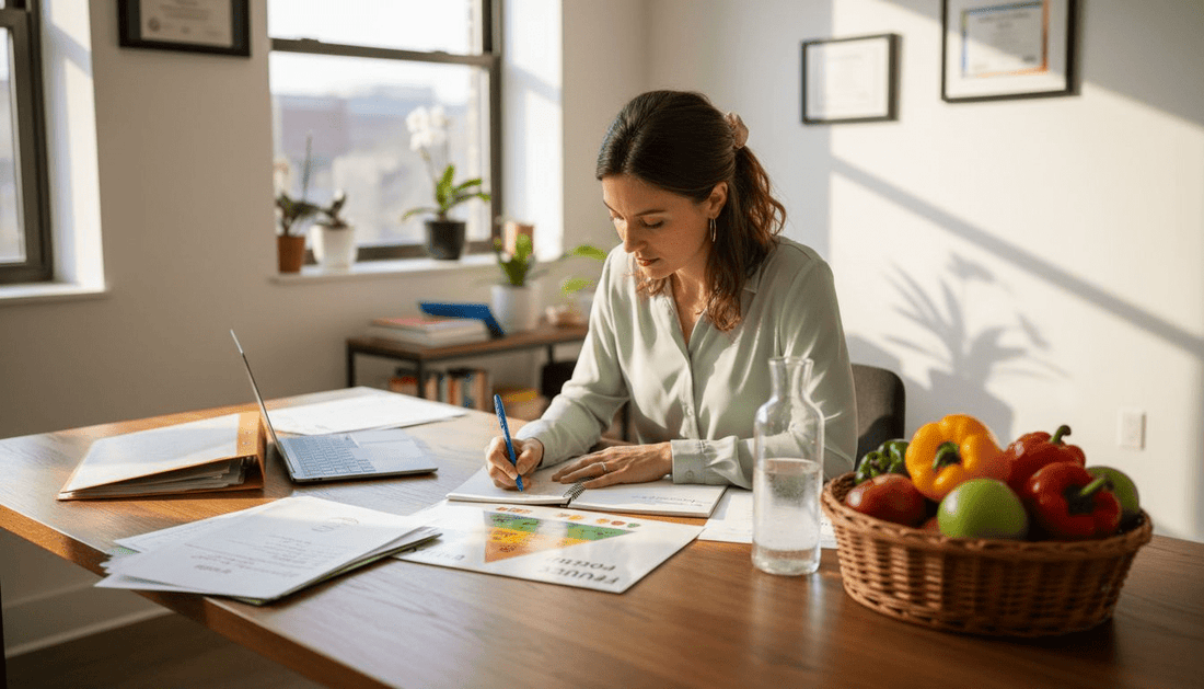 Nutritionist examining plant-based food chart