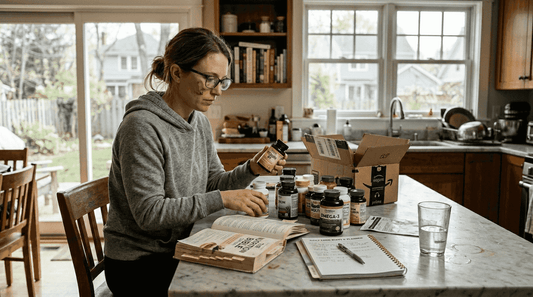Woman organizing supplements at kitchen counter