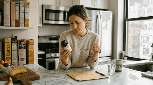Woman reading supplement label in kitchen