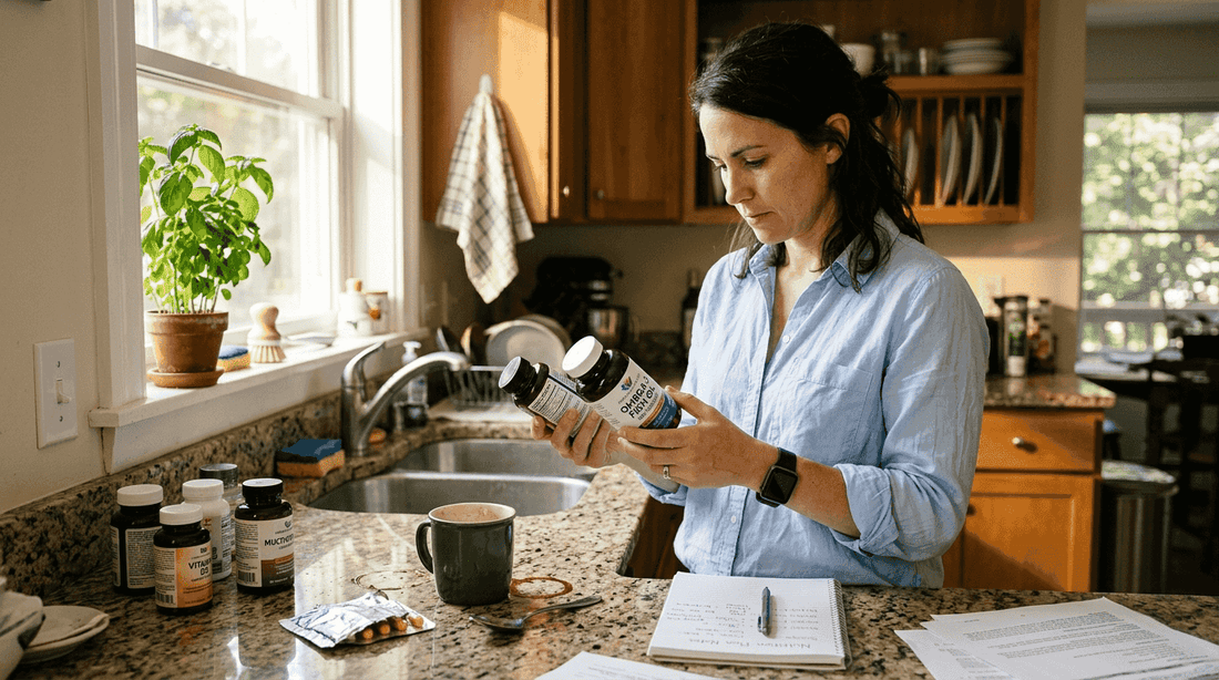 Nutritionist examining supplement labels in kitchen