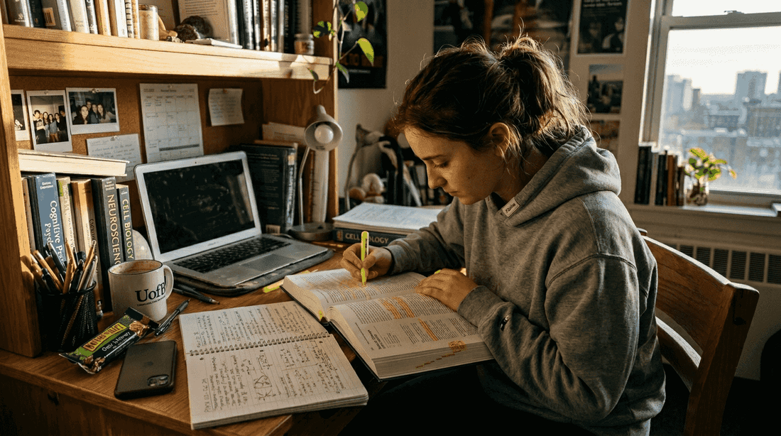 Student highlights textbook in a small study