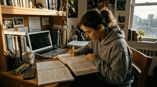 Student highlights textbook in a small study