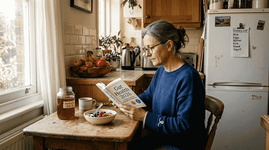 Woman reading gut health book with probiotics
