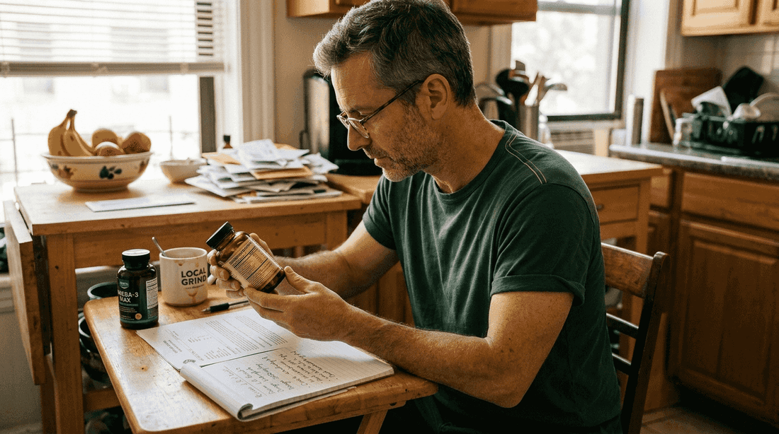 Nutritionist studying supplement bottles at kitchen table