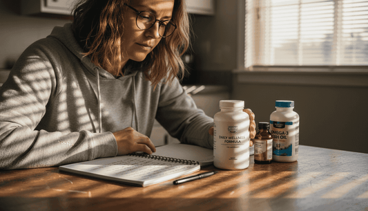Woman checks supplement bottle on kitchen table