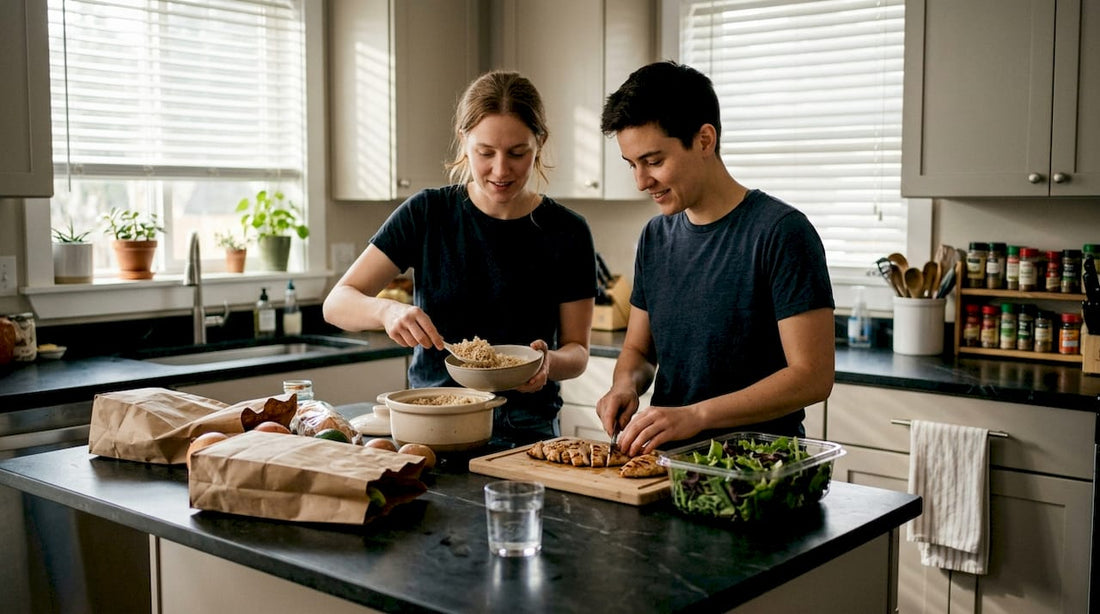 Couple preparing healthy food in kitchen