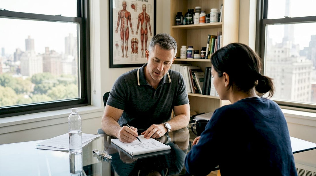 Fitness coach explaining supplement stack chart