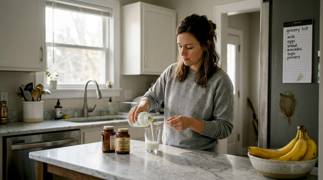 Woman preparing probiotics in her kitchen