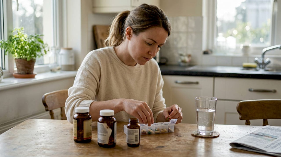 Sorting different supplement capsules at kitchen table