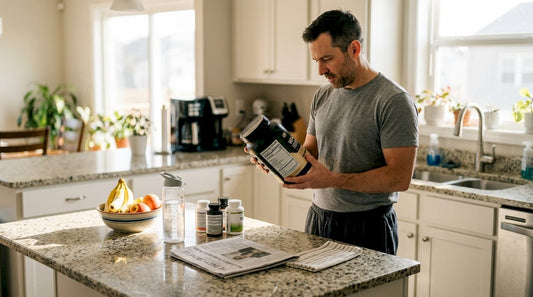 Man checking protein powder label in kitchen