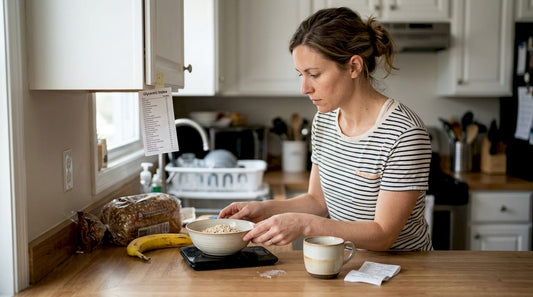 Woman weighs oats in a sunlit everyday kitchen