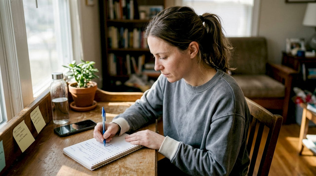 Woman writing goals at home desk in morning