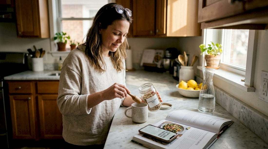 Woman making adaptogen tea in cozy kitchen