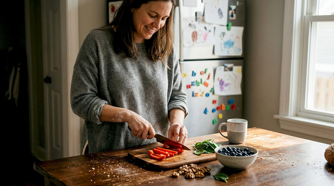 Woman preparing antioxidant-rich foods at kitchen table