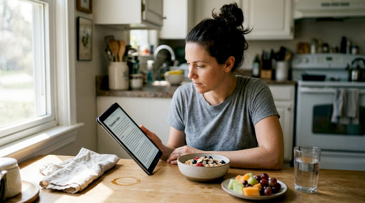 Woman reading glycemic index article at breakfast table