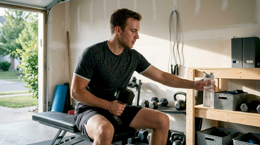 Man reaching for creatine in home gym
