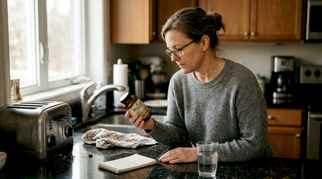 Woman reading glucosamine label in kitchen