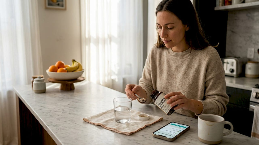 Woman measuring ashwagandha supplement in kitchen